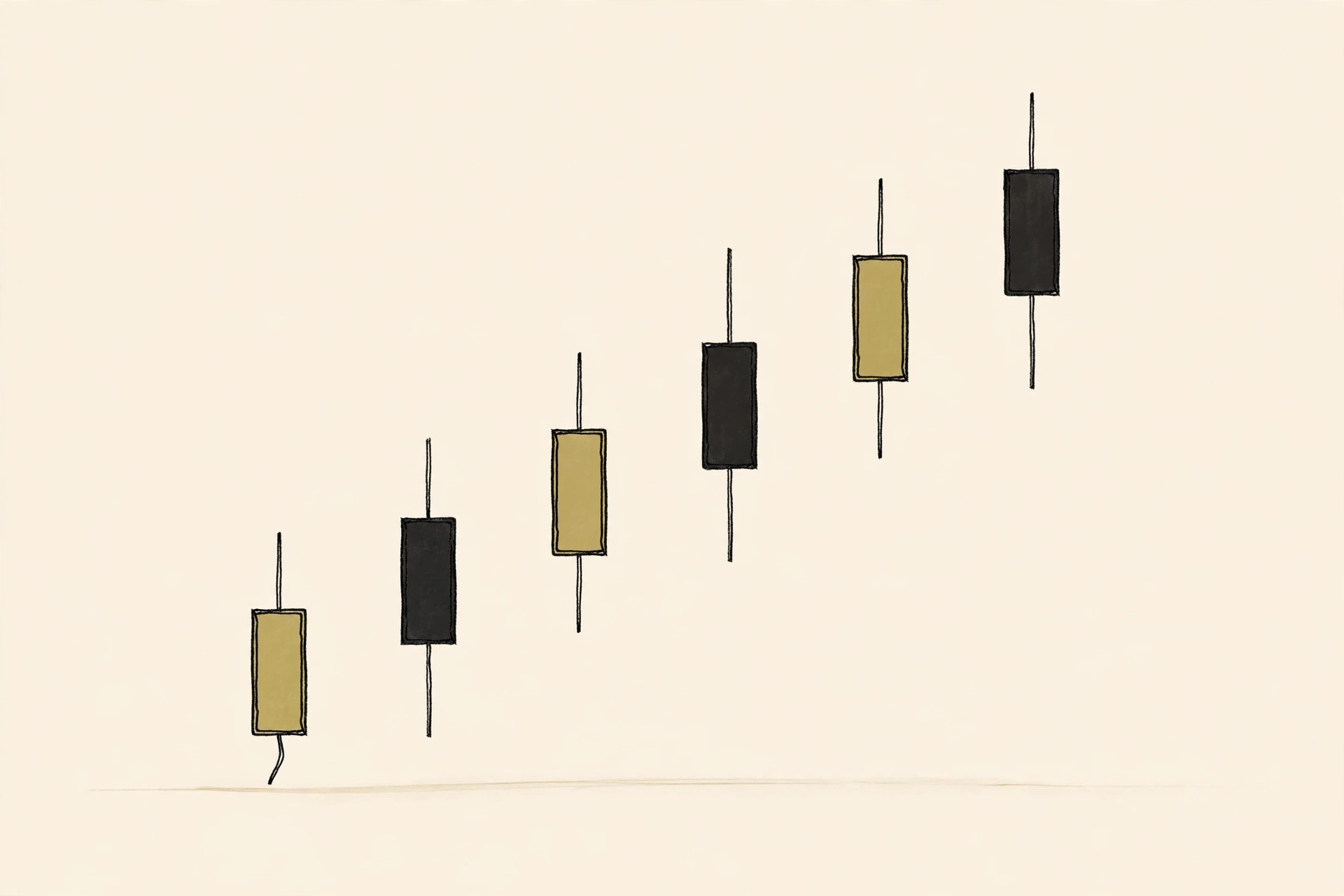 Candlesticks rising in sequence like stairs from lower left to upper right