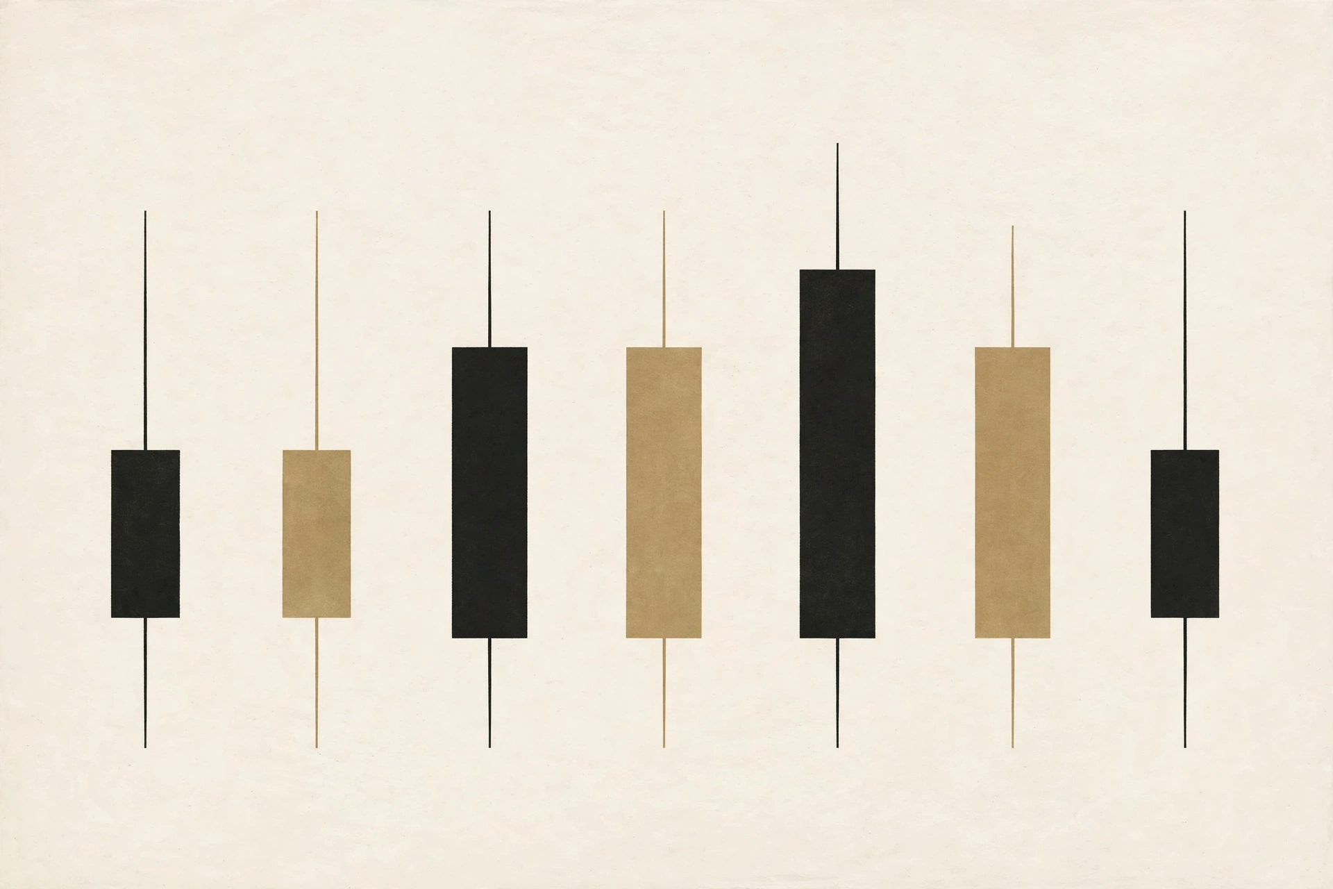 Illustration of elegant candlestick shapes in ink and gold on a cream background, representing price charts