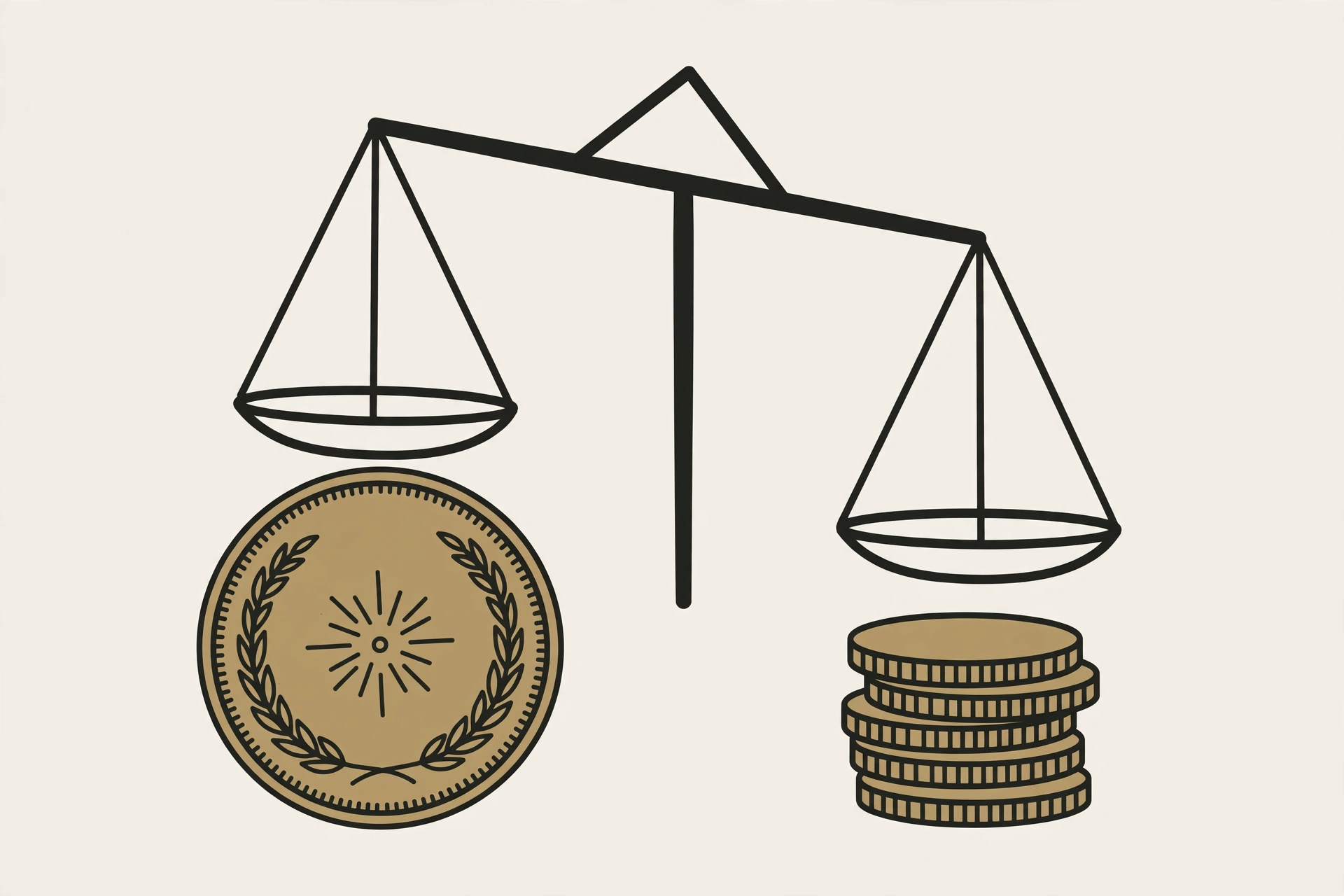 Illustration of a large gold coin beside a small stack of coins, a balance motif representing valuation