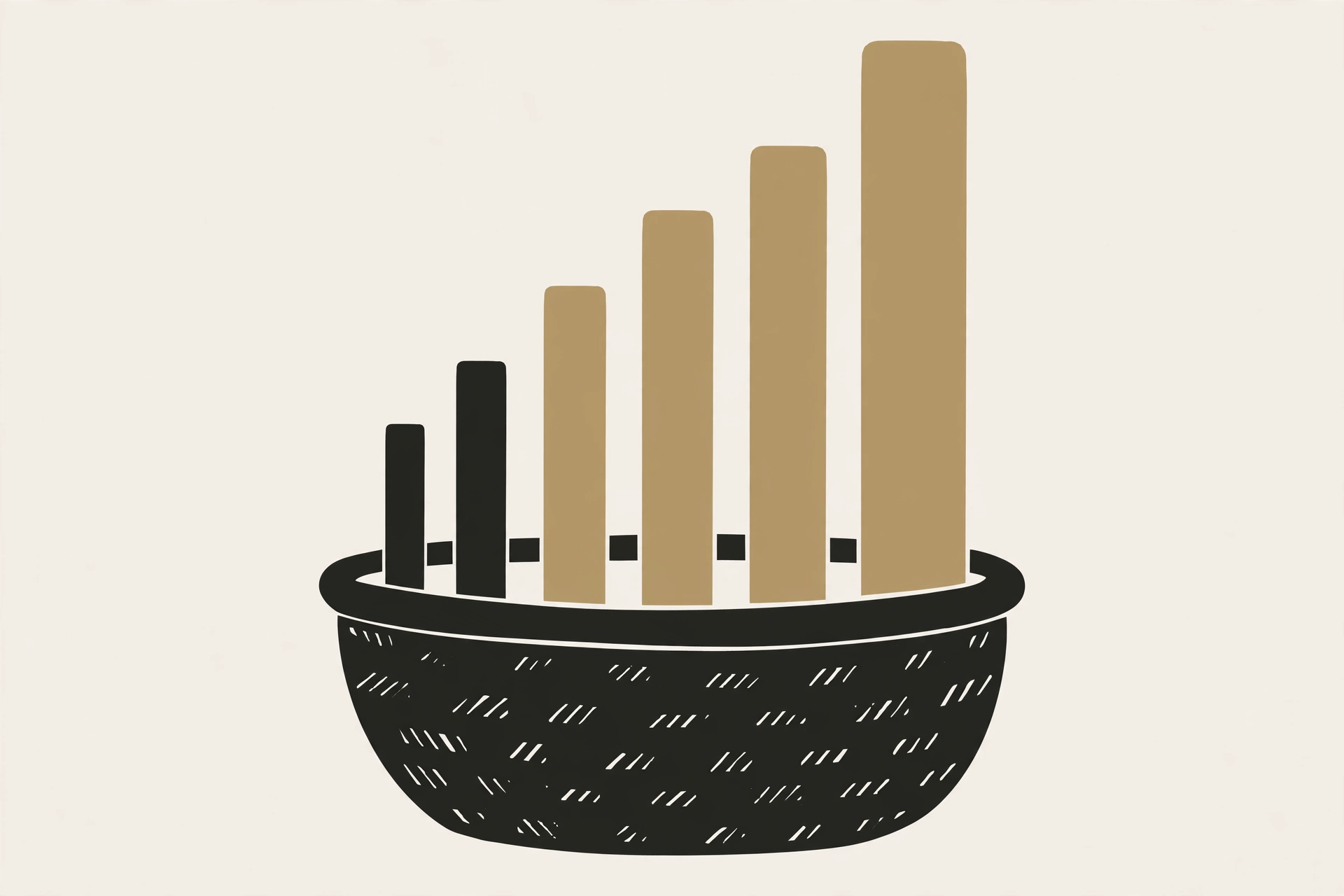 Illustration of a woven basket holding bars of different sizes, the largest dominating, representing a stock index