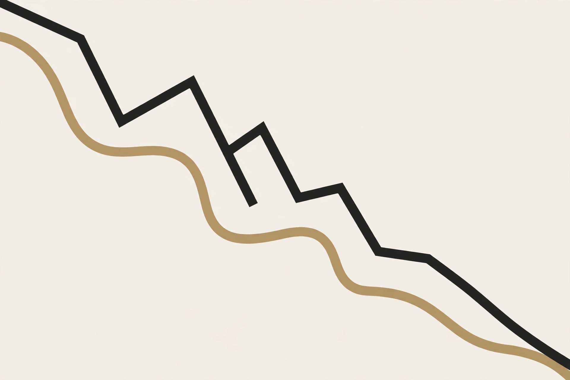 Illustration of a jagged line with a smooth curved line trailing behind it, representing a moving average
