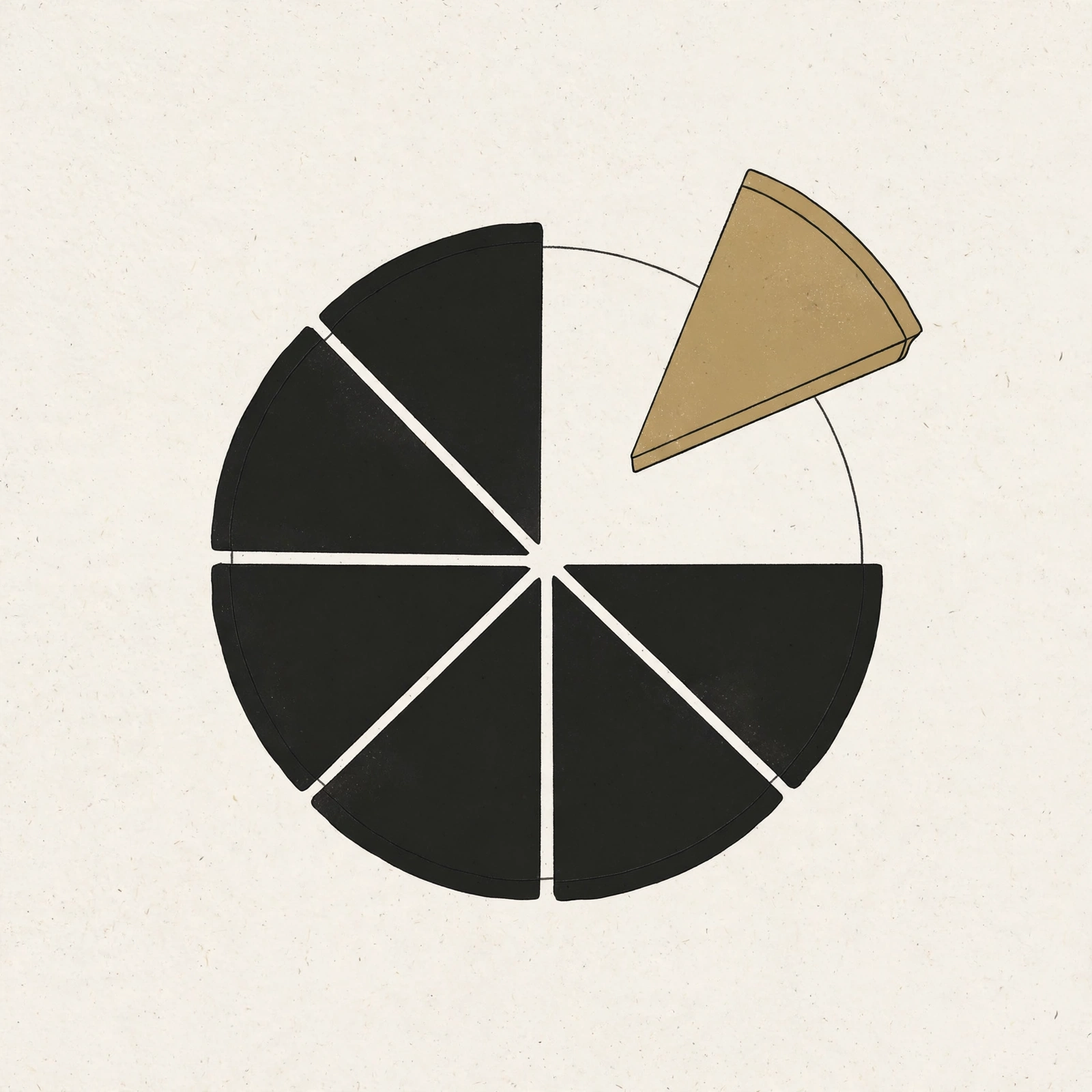 Illustration of a pie sliced into pieces with one gold slice lifting out, representing a share of a company