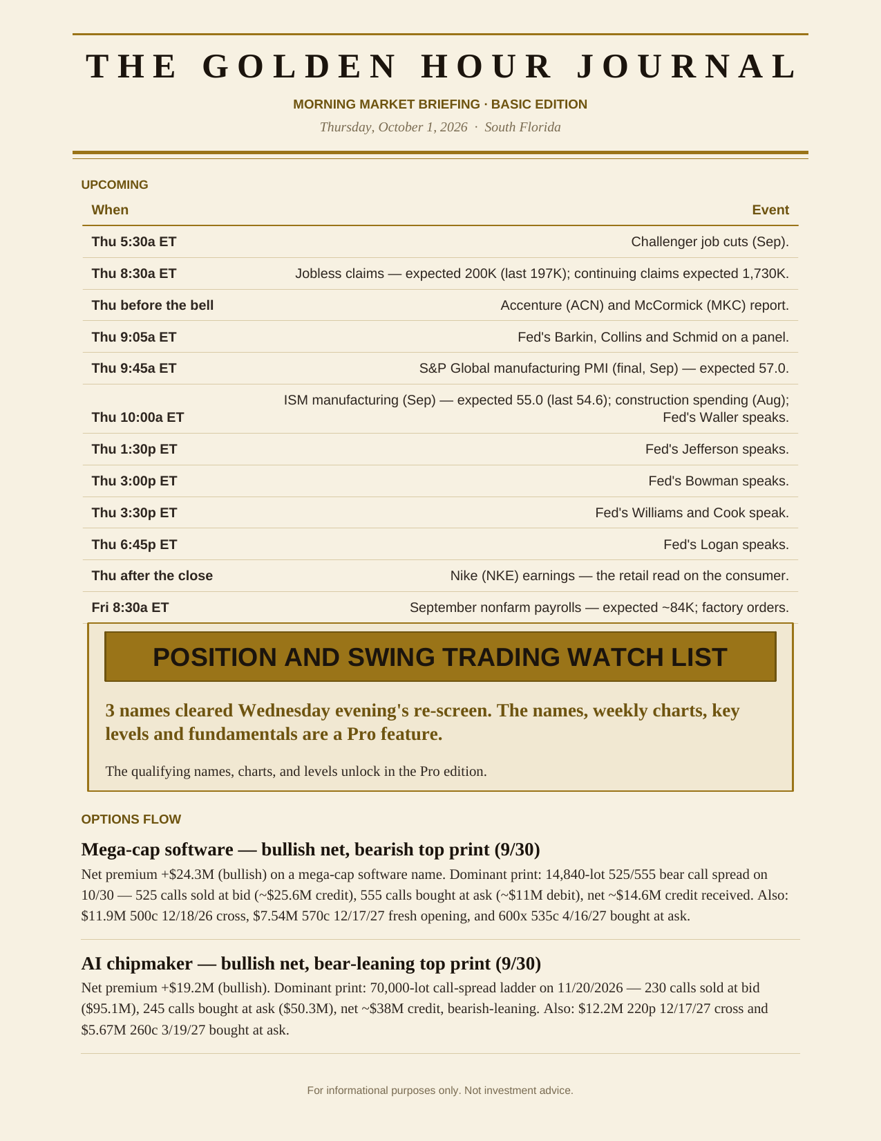 The Degen Journal, Morning Market Briefing, Basic edition, Thursday October 1, 2026, page 3 of 6: upcoming events and options flow.