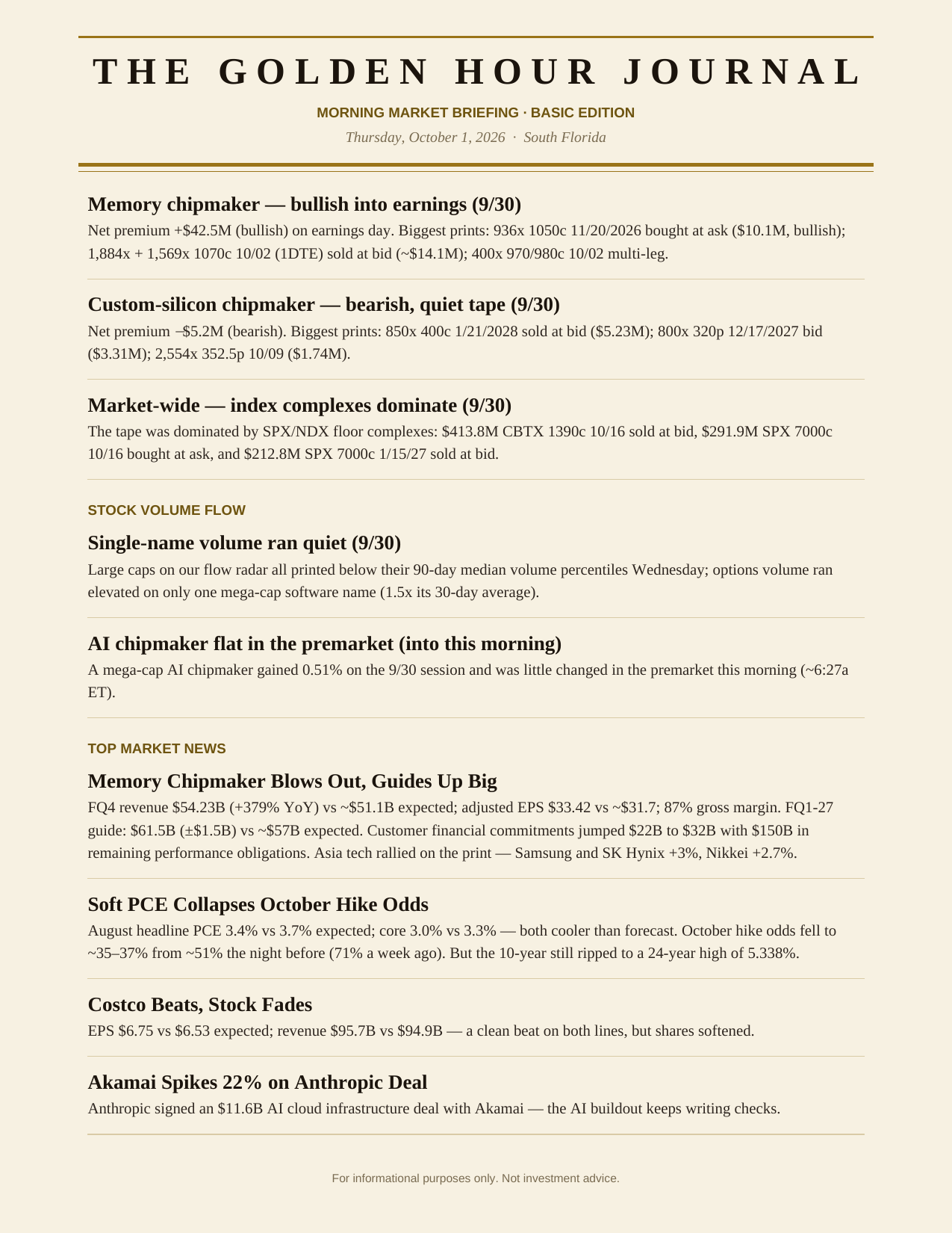 The Degen Journal, Morning Market Briefing, Basic edition, Thursday October 1, 2026, page 4 of 6: options flow, continued, stock volume flow, and top market news.