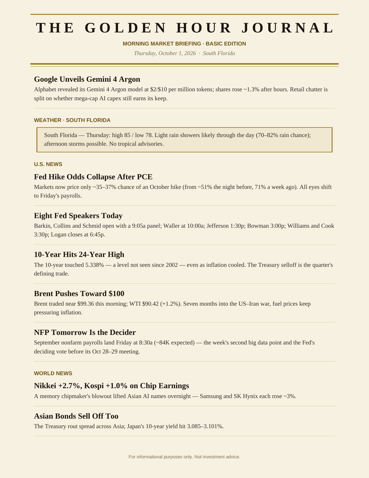 The Degen Journal, Morning Market Briefing, Basic edition, Thursday October 1, 2026, page 5 of 6: south Florida weather, U.S. news, and world news.