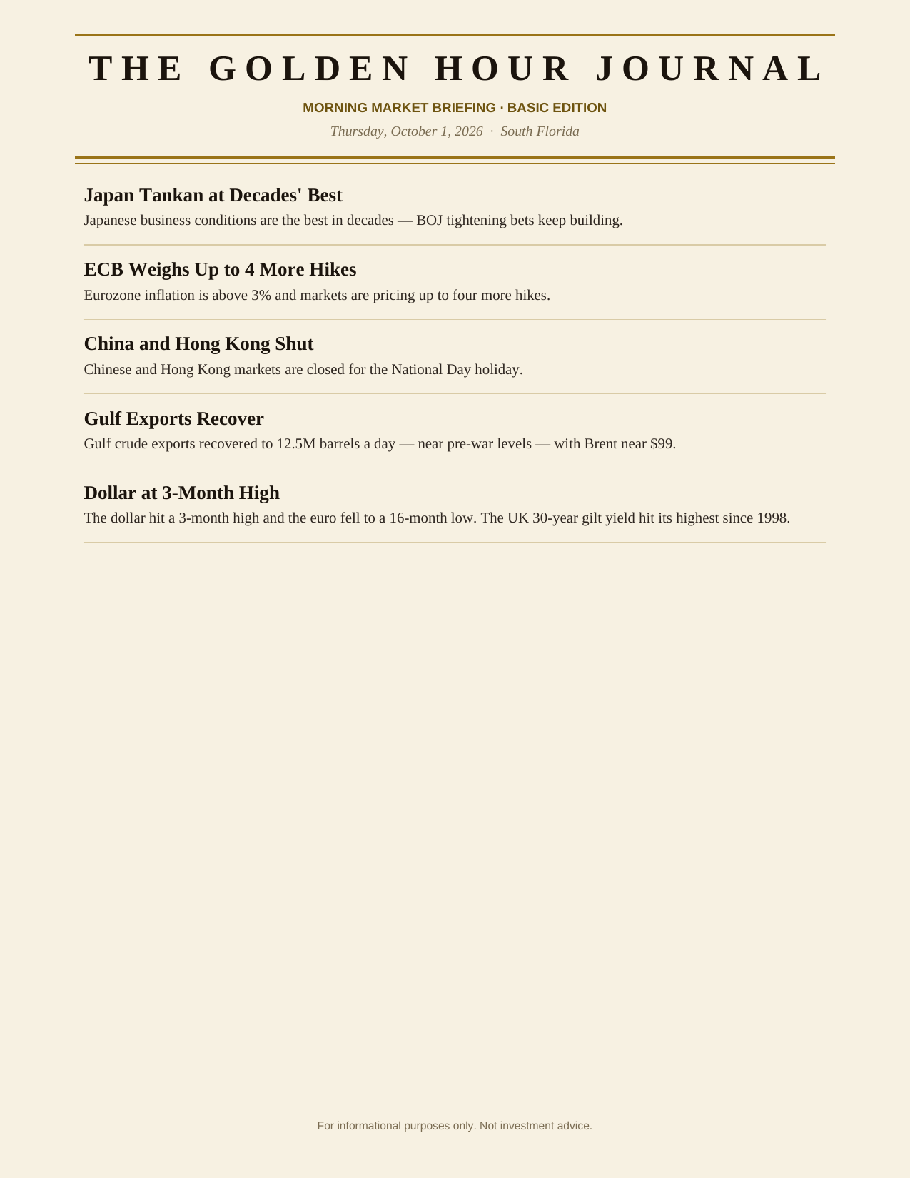 The Degen Journal, Morning Market Briefing, Basic edition, Thursday October 1, 2026, page 6 of 6: more world news.