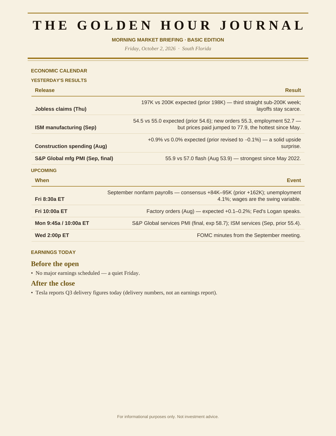 The Degen Journal, Morning Market Briefing, Basic edition, Friday October 2, 2026, page 3 of 7: the economic calendar and earnings today.