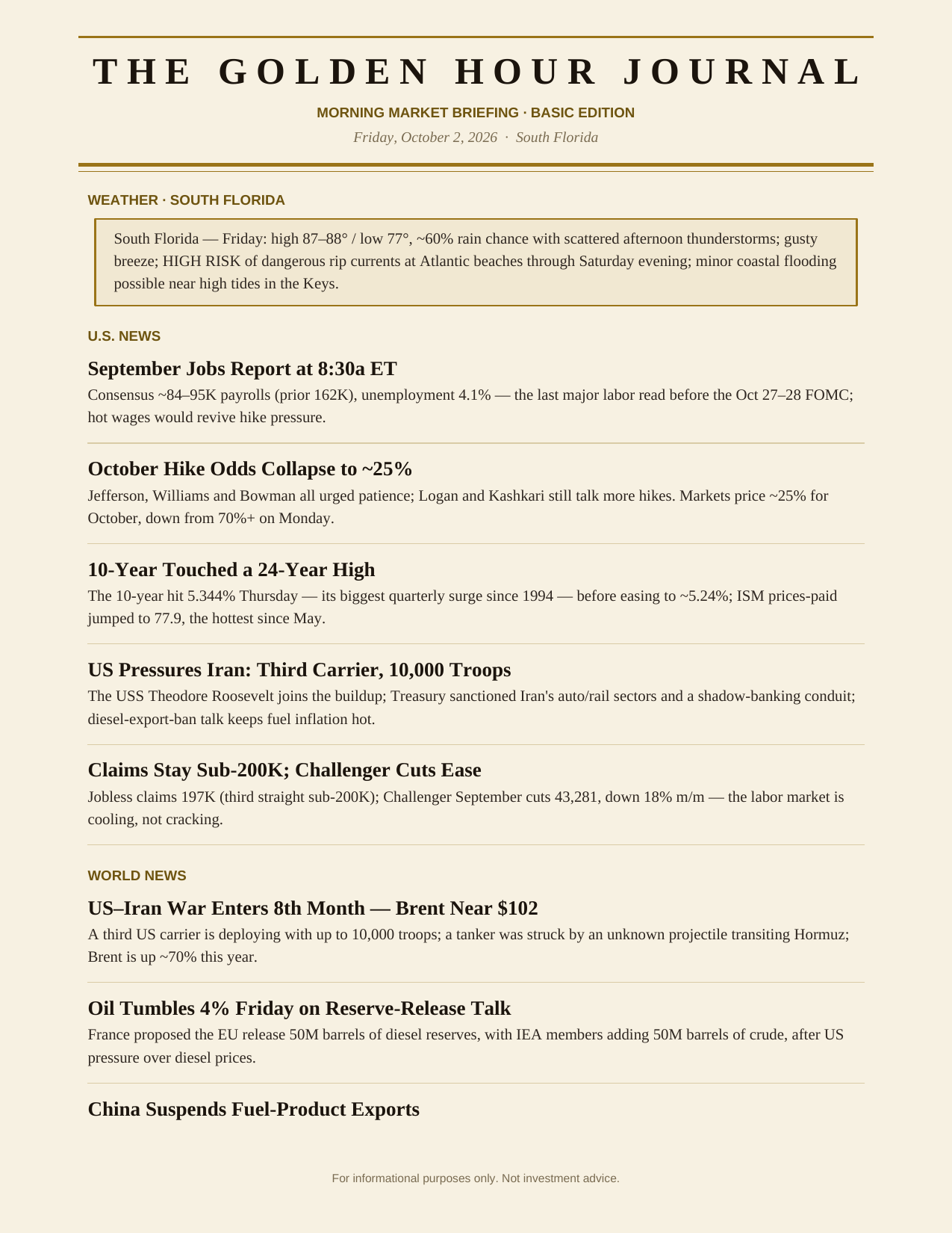 The Degen Journal, Morning Market Briefing, Basic edition, Friday October 2, 2026, page 6 of 7: south Florida weather, U.S. news, and world news.