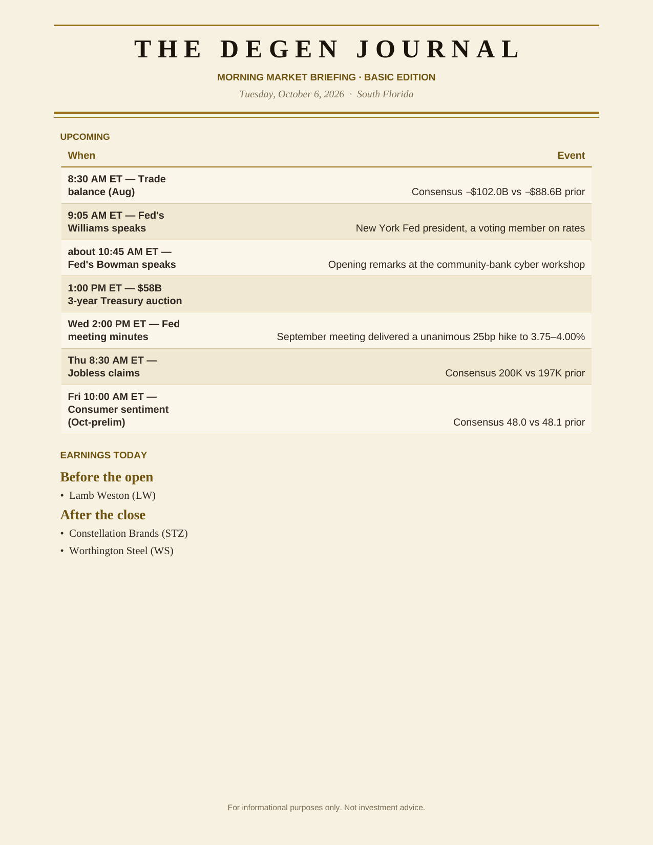 The Degen Journal, Morning Market Briefing, Basic edition, Tuesday October 6, 2026, page 4 of 9: upcoming events and earnings today.