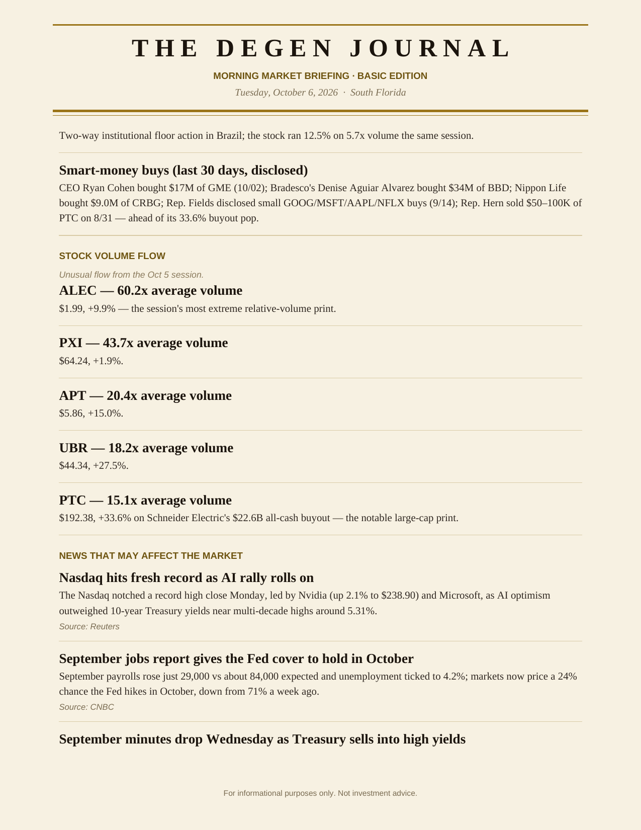 The Degen Journal, Morning Market Briefing, Basic edition, Tuesday October 6, 2026, page 7 of 9: smart-money buys, stock volume flow, and market news.