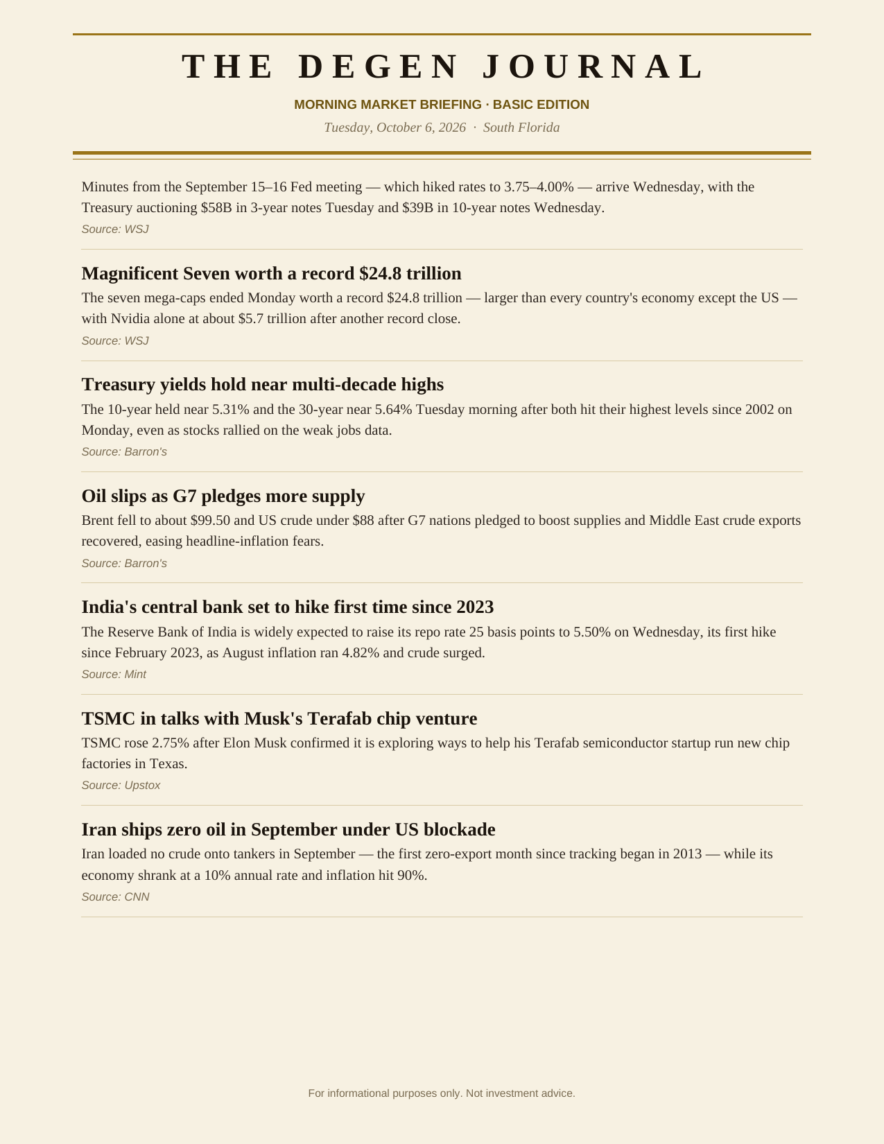 The Degen Journal, Morning Market Briefing, Basic edition, Tuesday October 6, 2026, page 8 of 9: more news that may affect the market.