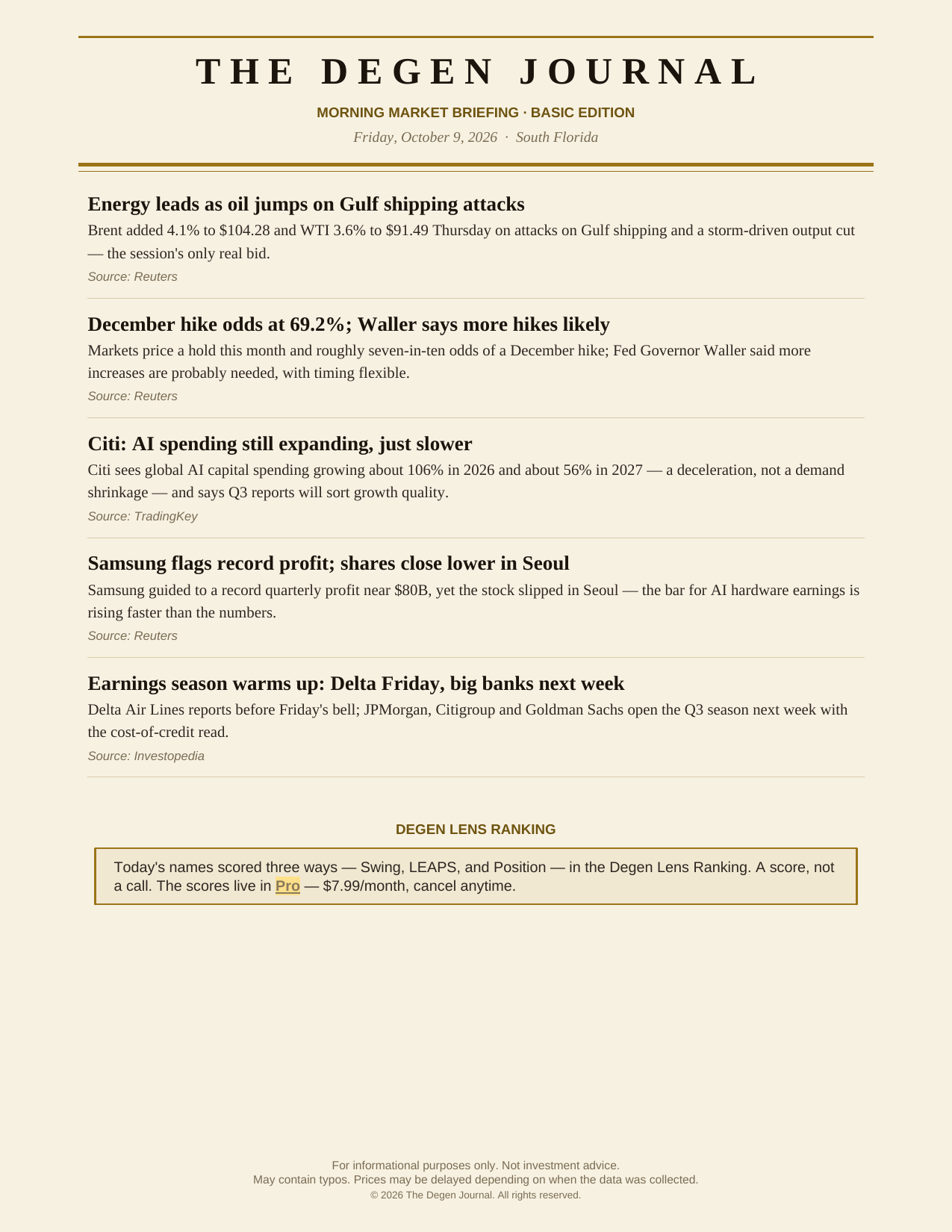 The Degen Journal, Morning Market Briefing, Basic edition, Friday October 9, 2026, page 5 of 7: news that may affect the market, and the Degen Lens Ranking (Pro only).