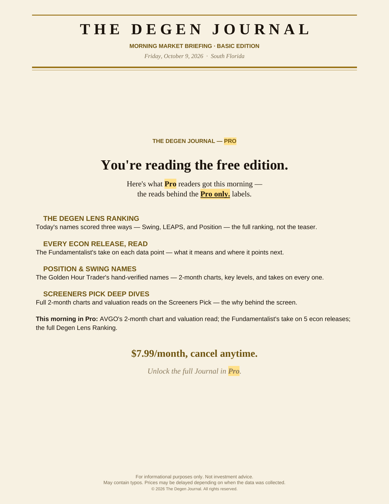 The Degen Journal, Morning Market Briefing, Basic edition, Friday October 9, 2026, page 7 of 7: you’re reading the free edition: what Pro adds, $7.99/month.