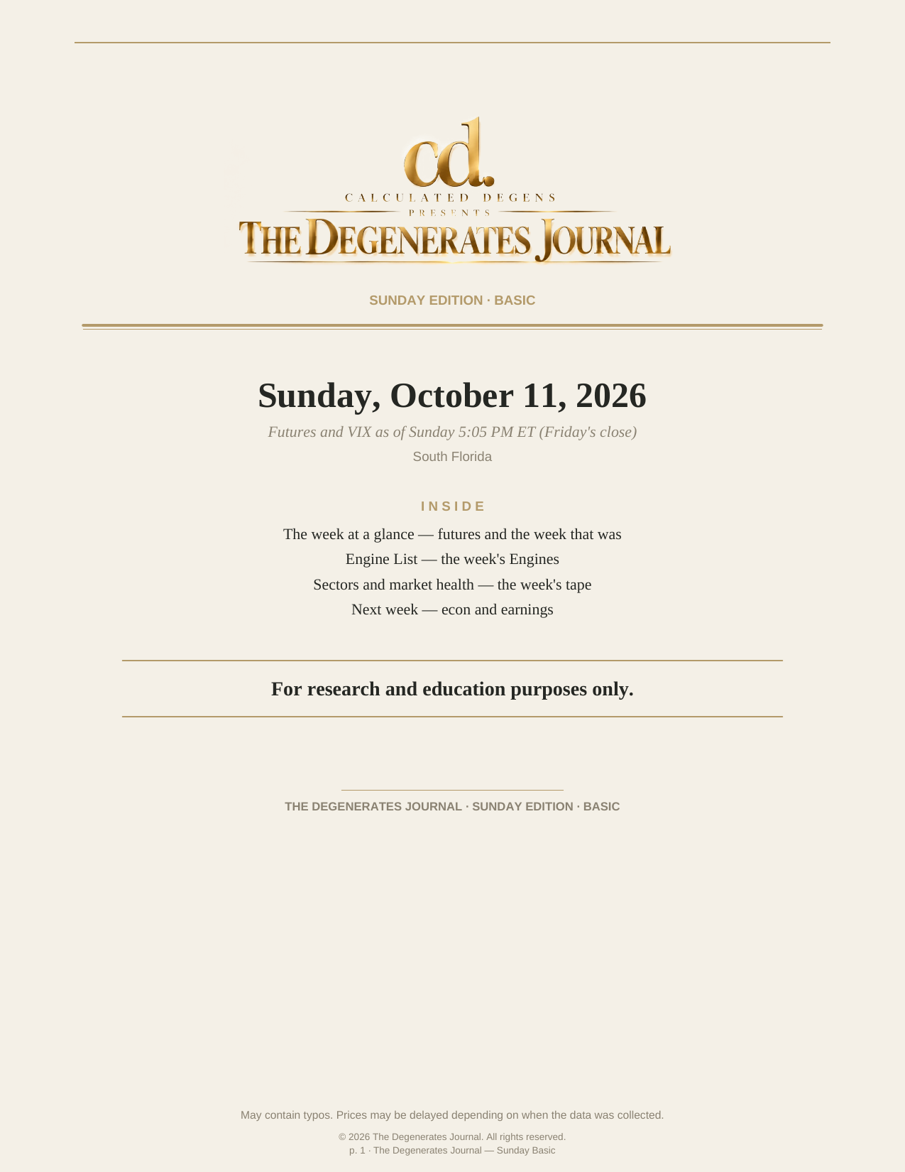 The Degenerates Journal, The Week in Review, Basic edition, Sunday October 11, 2026, page 1 of 5: the edition cover.
