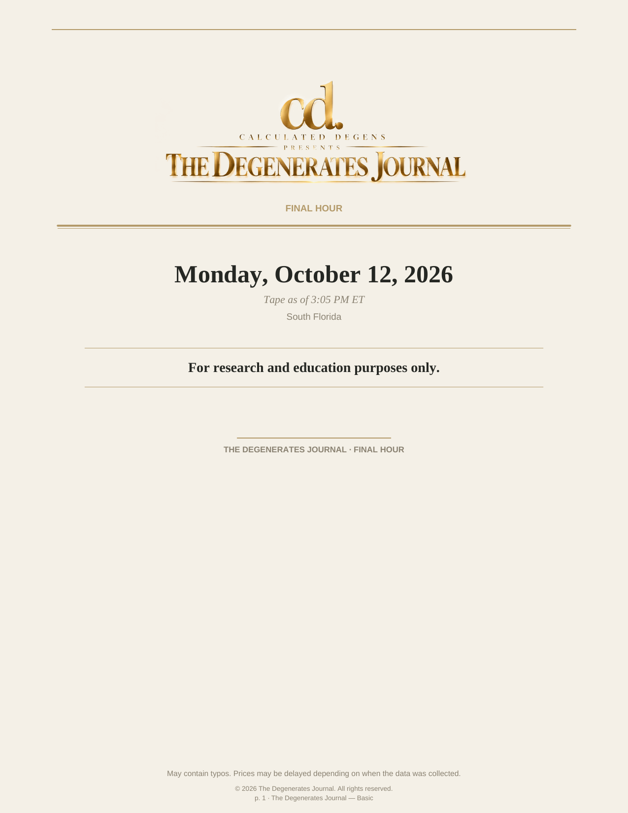 The Degenerates Journal, Final Hour, Basic edition, Monday October 12, 2026, page 1 of 4: the face sheet with the full date and disclaimer.