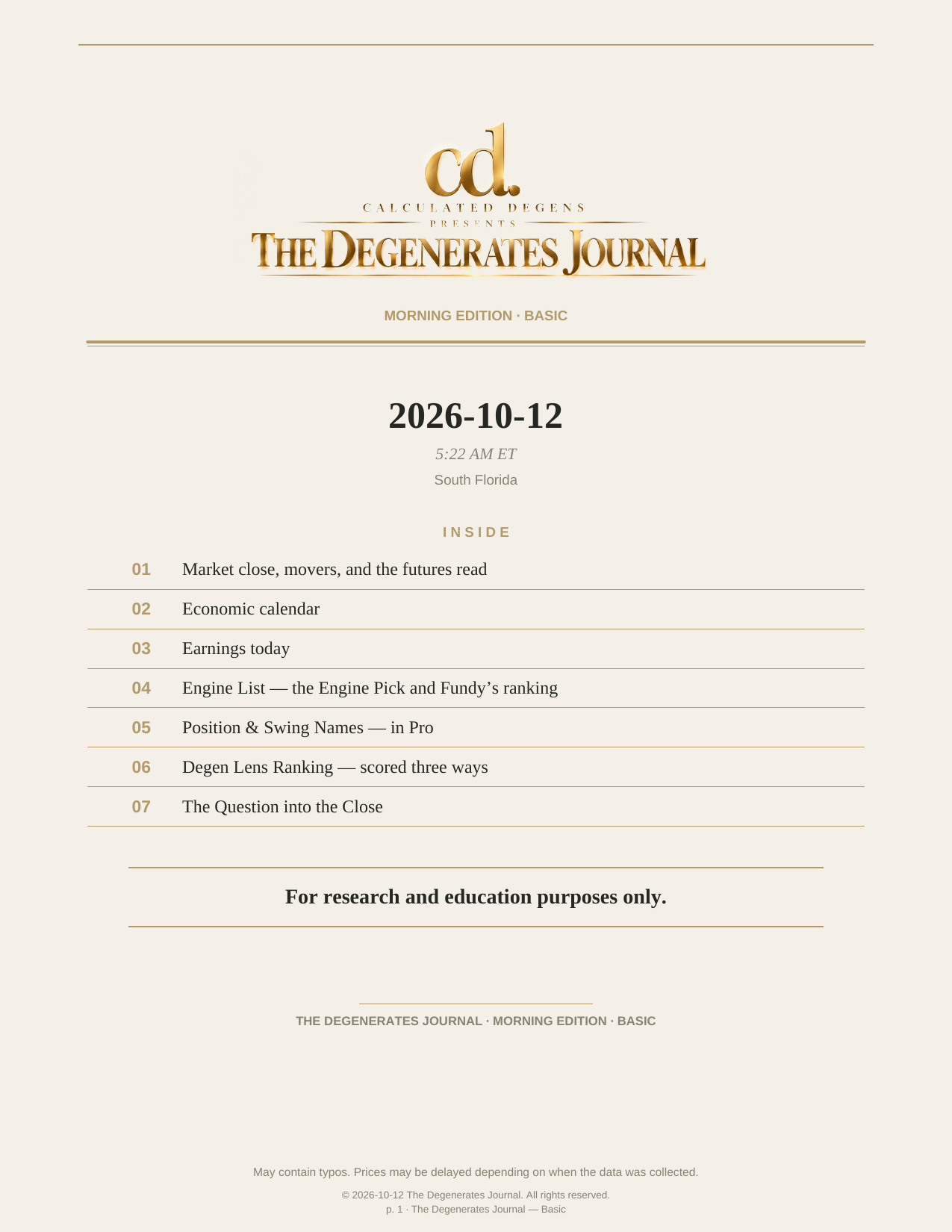 The Degenerates Journal, Morning Market Briefing, Basic edition, Monday October 12, 2026, page 1 of 9: cover and inside this edition.