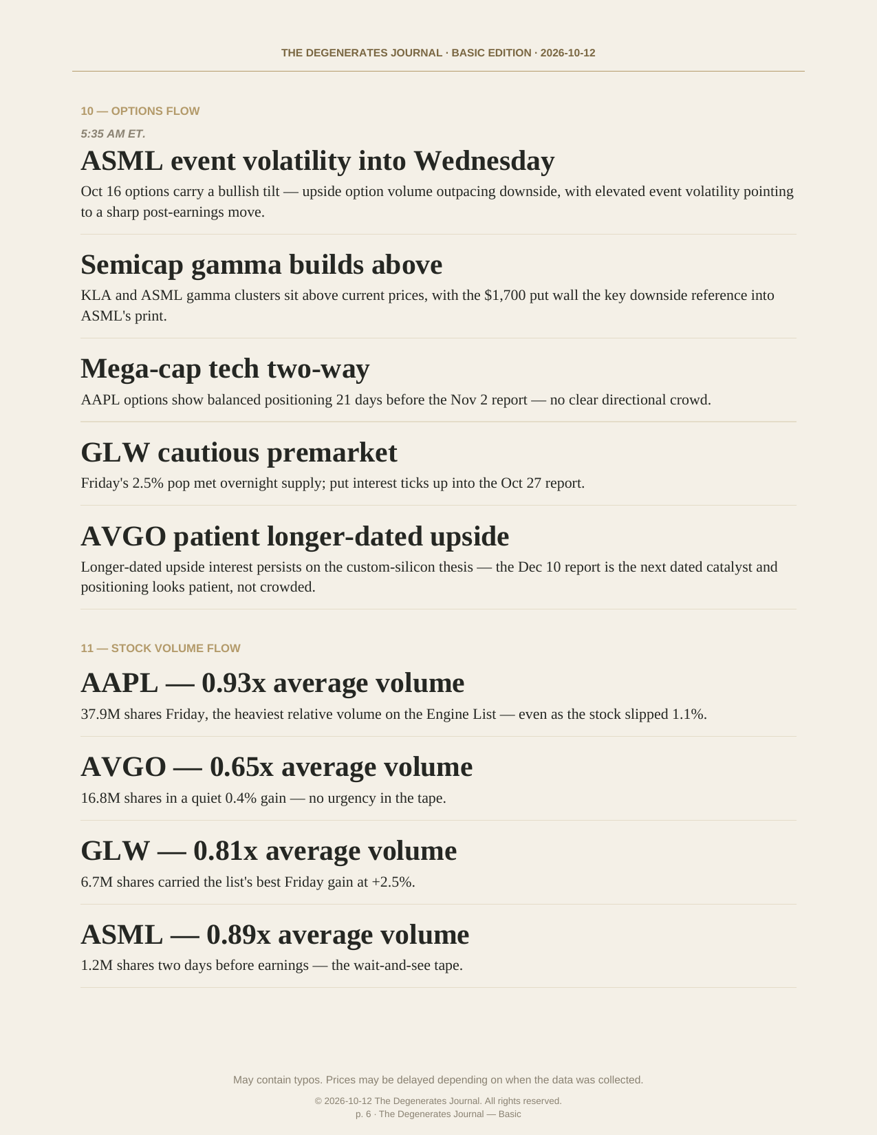 The Degenerates Journal, Morning Market Briefing, Basic edition, Monday October 12, 2026, page 6 of 9: options flow and stock volume flow.