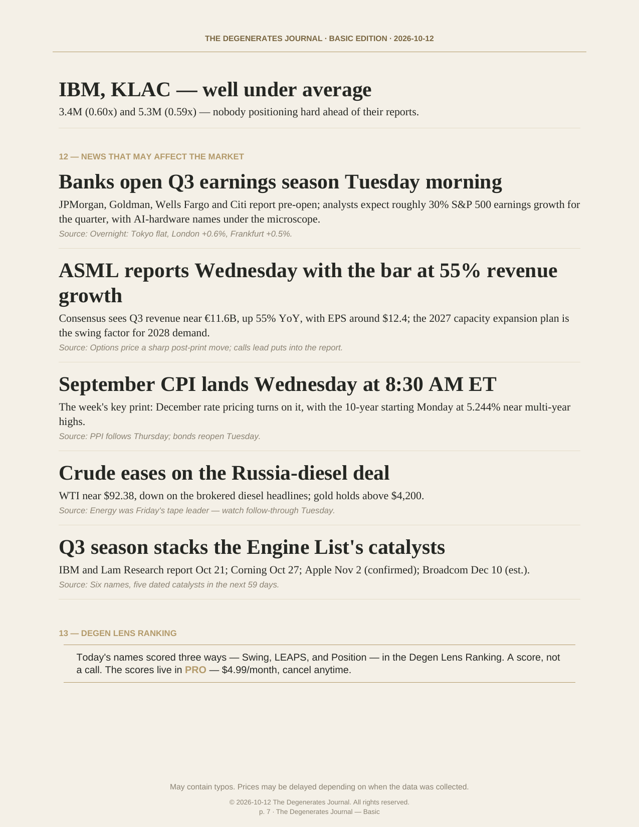 The Degenerates Journal, Morning Market Briefing, Basic edition, Monday October 12, 2026, page 7 of 9: news that may affect the market, and the Degen Lens Ranking pointer.