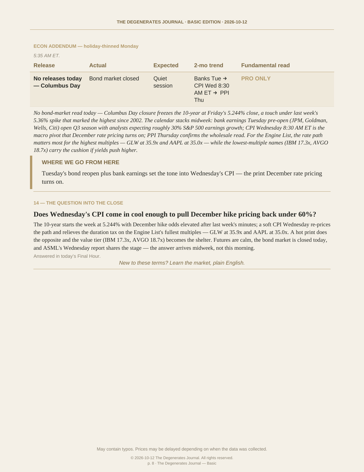 The Degenerates Journal, Morning Market Briefing, Basic edition, Monday October 12, 2026, page 8 of 9: econ addendum for the holiday-thinned week, and the question into the close.