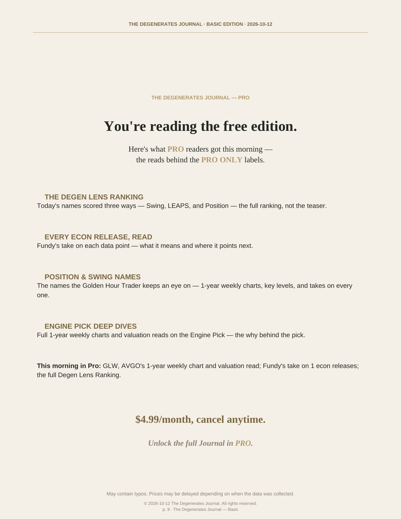 The Degenerates Journal, Morning Market Briefing, Basic edition, Monday October 12, 2026, page 9 of 9: you’re reading the free edition: what Pro adds, $4.99/month.