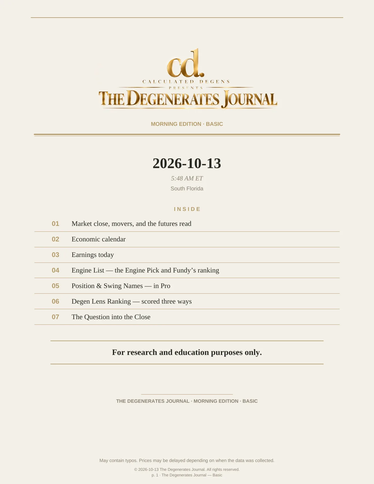 The Degenerates Journal, Morning Market Briefing, Basic edition, Tuesday October 13, 2026, page 1 of 9: cover and inside this edition.