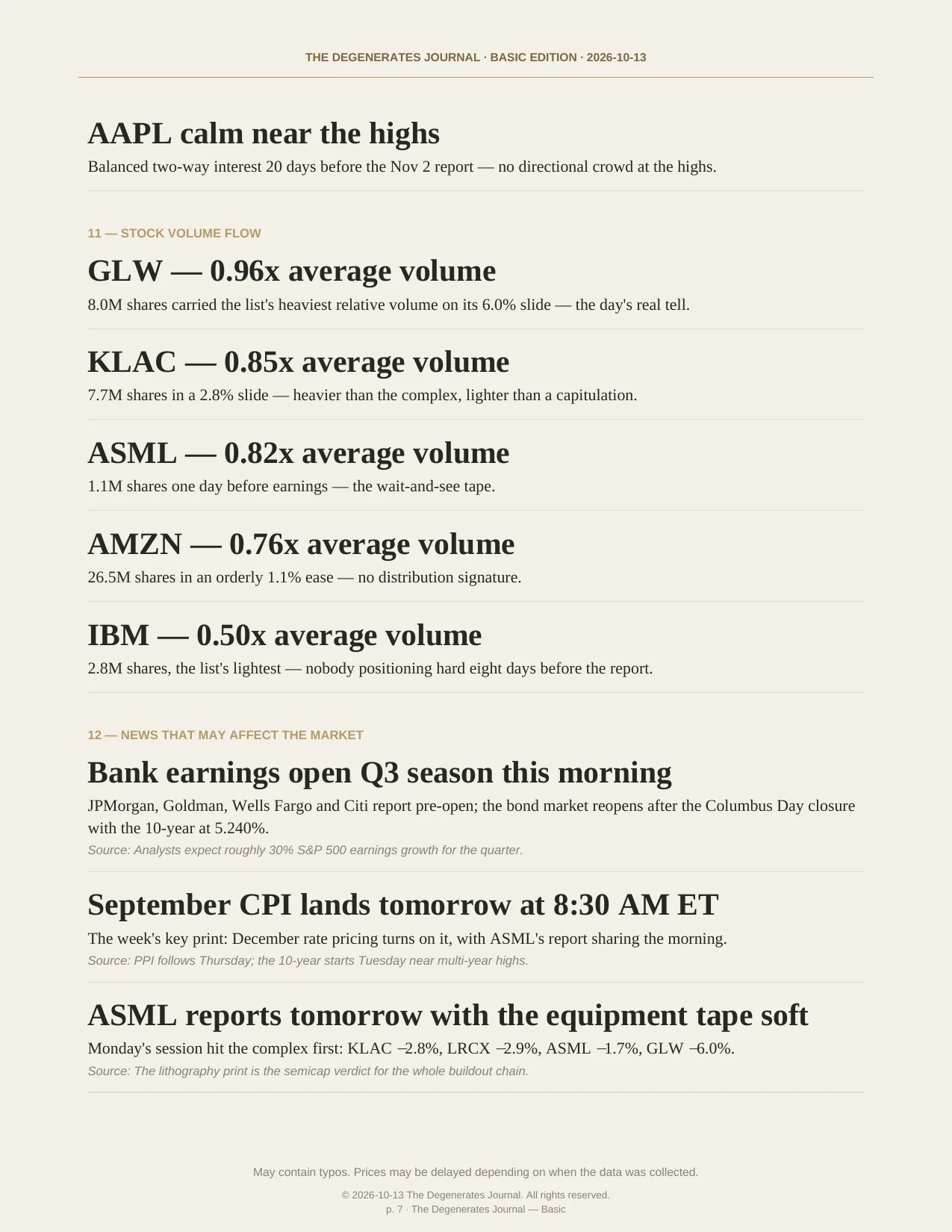 The Degenerates Journal, Morning Market Briefing, Basic edition, Tuesday October 13, 2026, page 7 of 9: stock volume flow, and news that may affect the market.