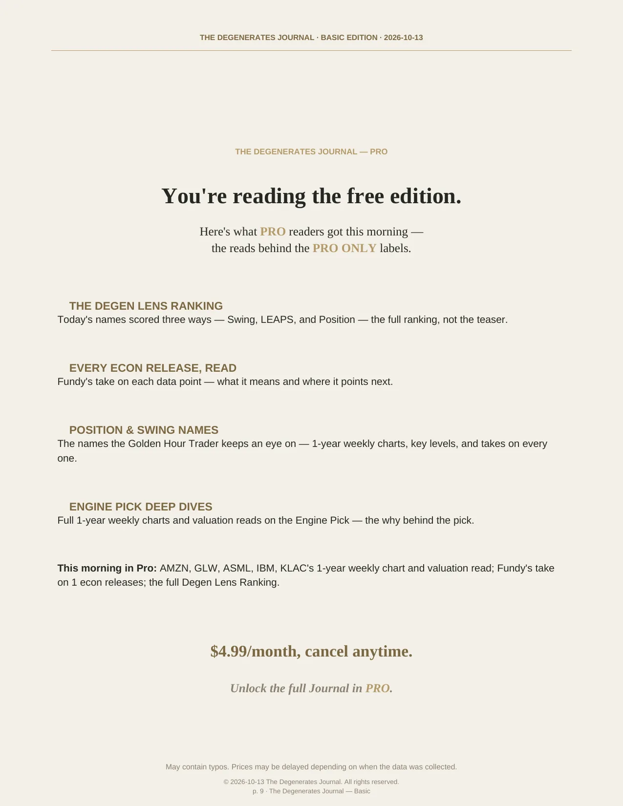 The Degenerates Journal, Morning Market Briefing, Basic edition, Tuesday October 13, 2026, page 9 of 9: you’re reading the free edition: what Pro adds, $4.99/month.