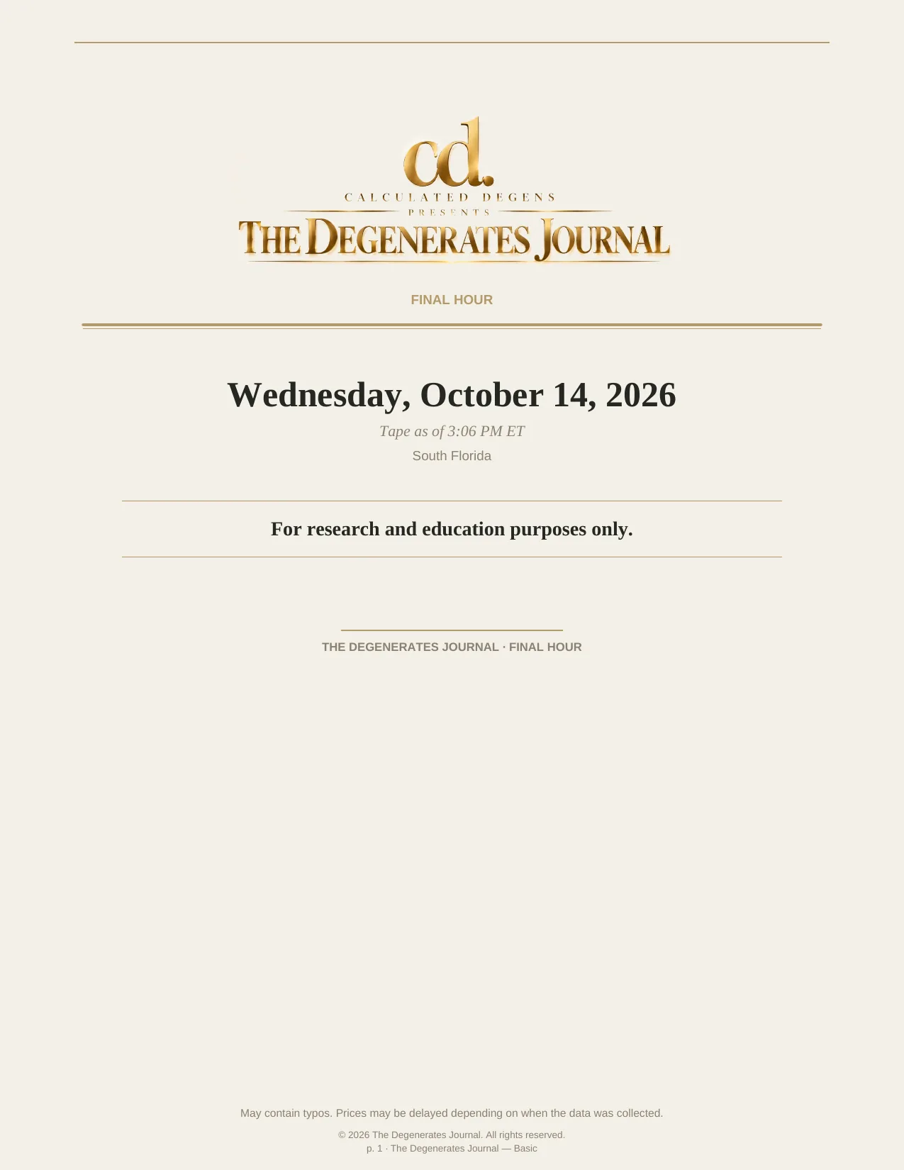 The Degenerates Journal, Final Hour, Basic edition, Wednesday October 14, 2026, page 1 of 5: the face sheet with the full date and disclaimer.