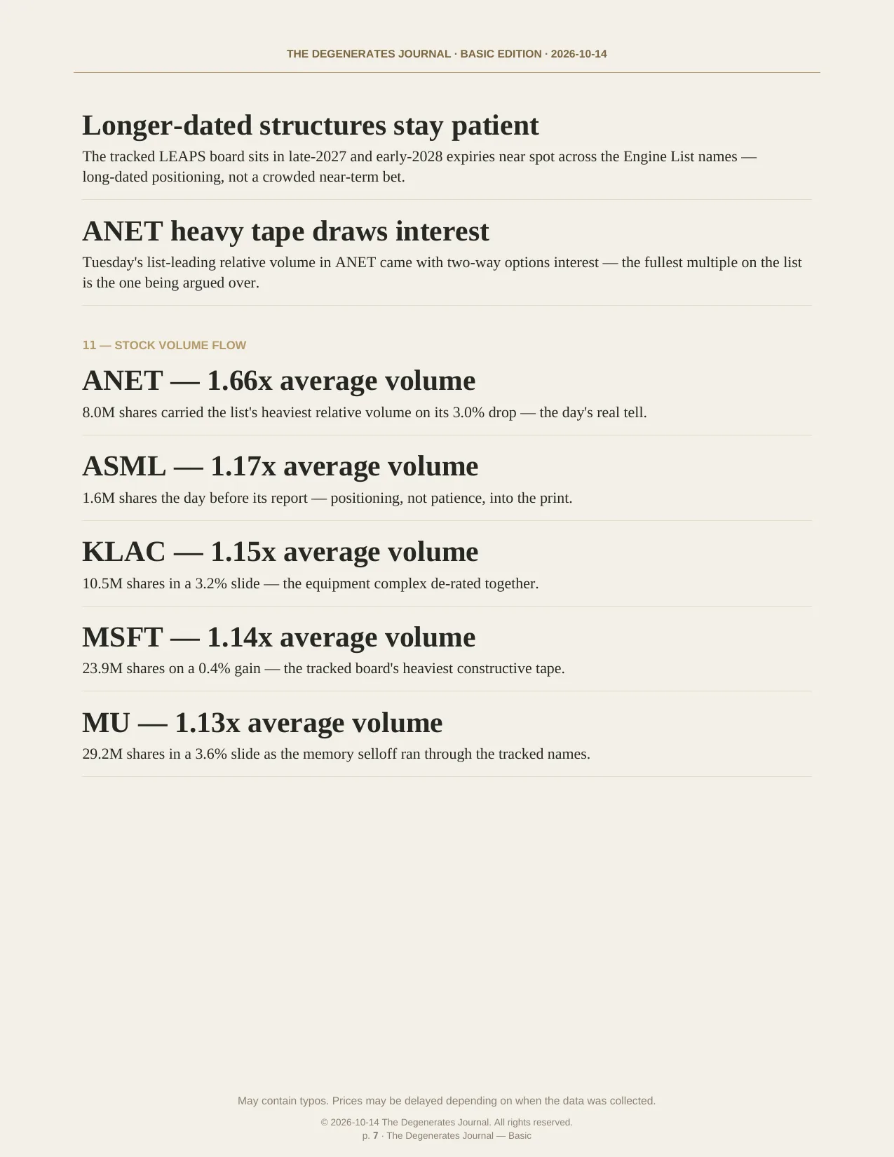 The Degenerates Journal, Morning Market Briefing, Basic edition, Wednesday October 14, 2026, page 7 of 10: stock volume flow.