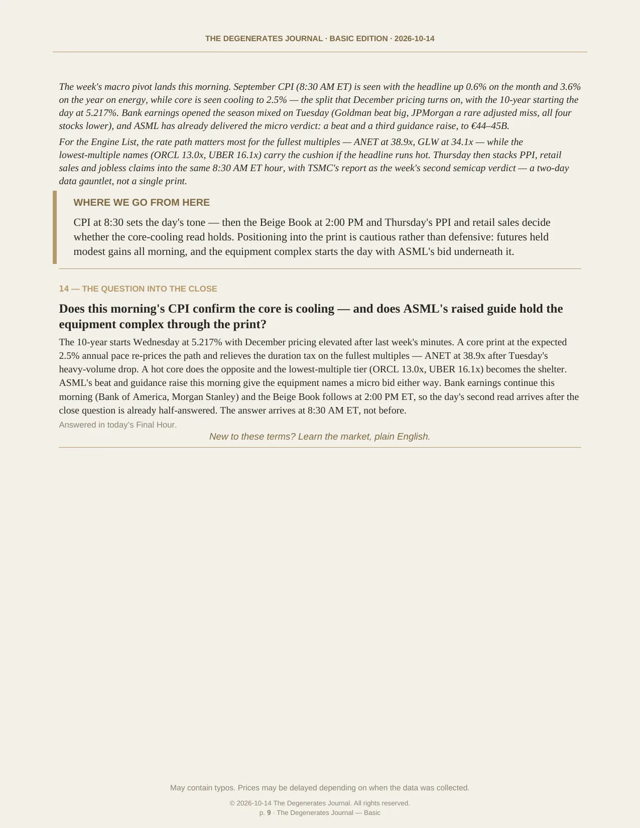 The Degenerates Journal, Morning Market Briefing, Basic edition, Wednesday October 14, 2026, page 9 of 10: the econ addendum continued, and the question into the close.