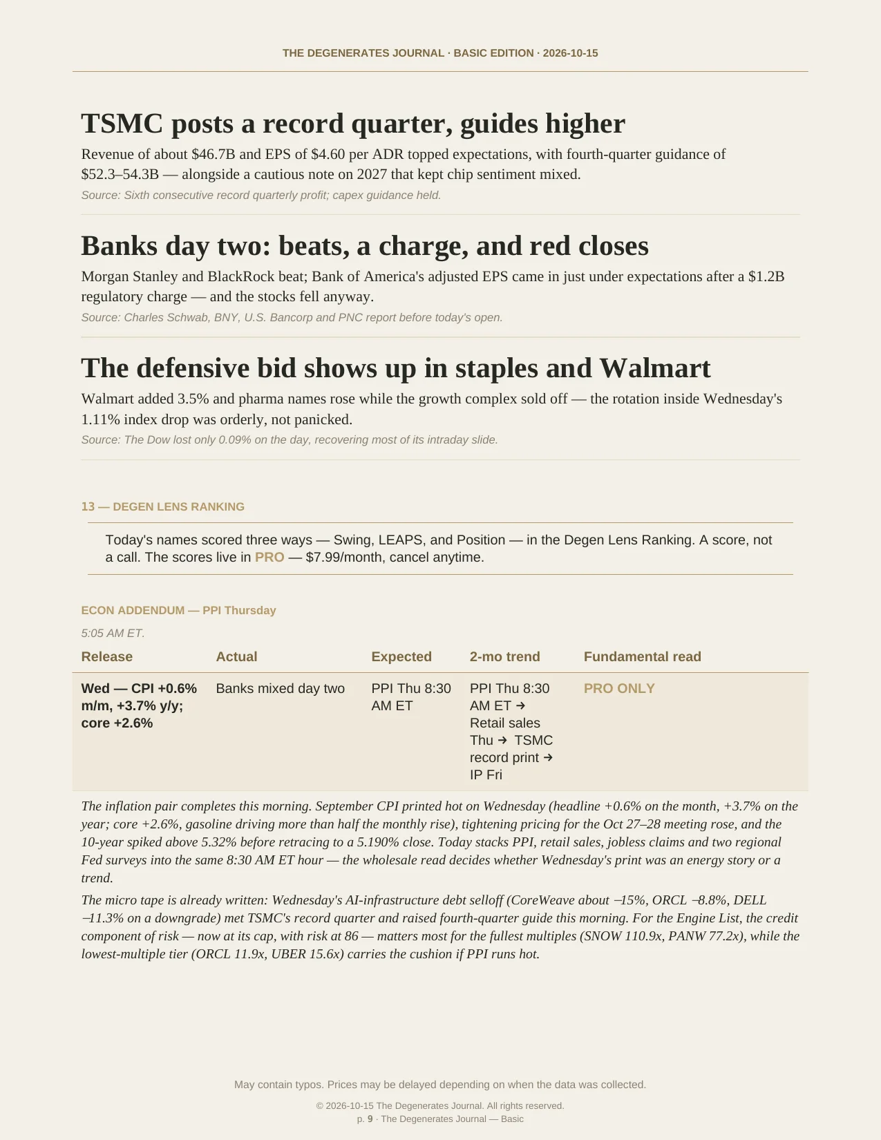 The Degenerates Journal, Morning Market Briefing, Basic edition, Thursday October 15, 2026, page 9 of 11: news concludes, the Degen Lens Ranking pointer, and the econ addendum.