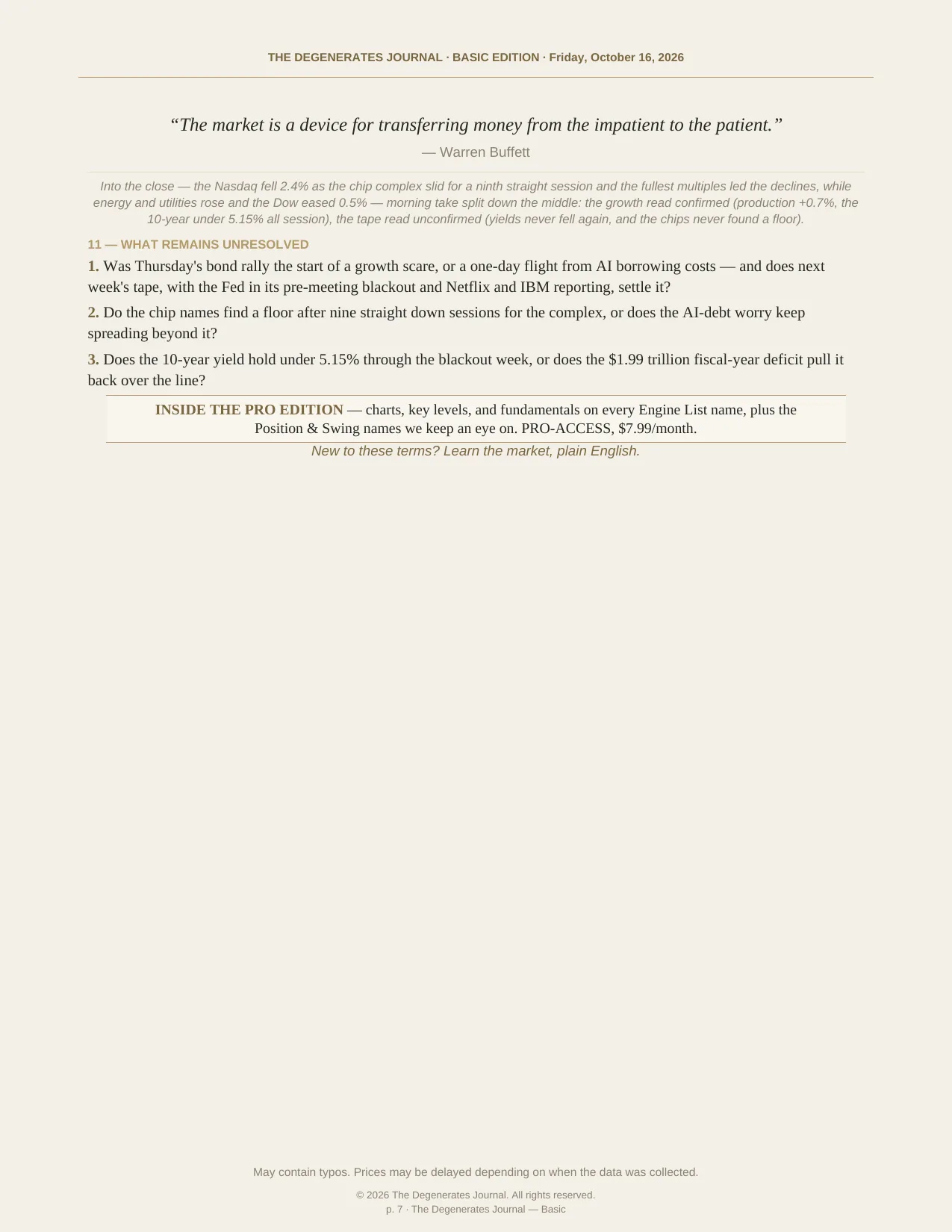 The Degenerates Journal, Final Hour, Basic edition, Friday October 16, 2026, page 7 of 7: the quote of the day, the into-the-close read, what remains unresolved, and the Pro pointer.