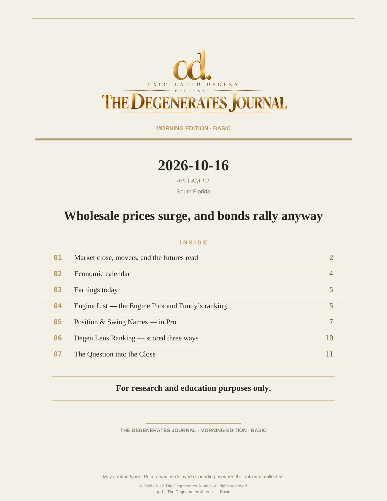 The Degenerates Journal, Morning Market Briefing, Basic edition, Friday, October 16, 2026, page 1 of 12: cover and inside this edition.
