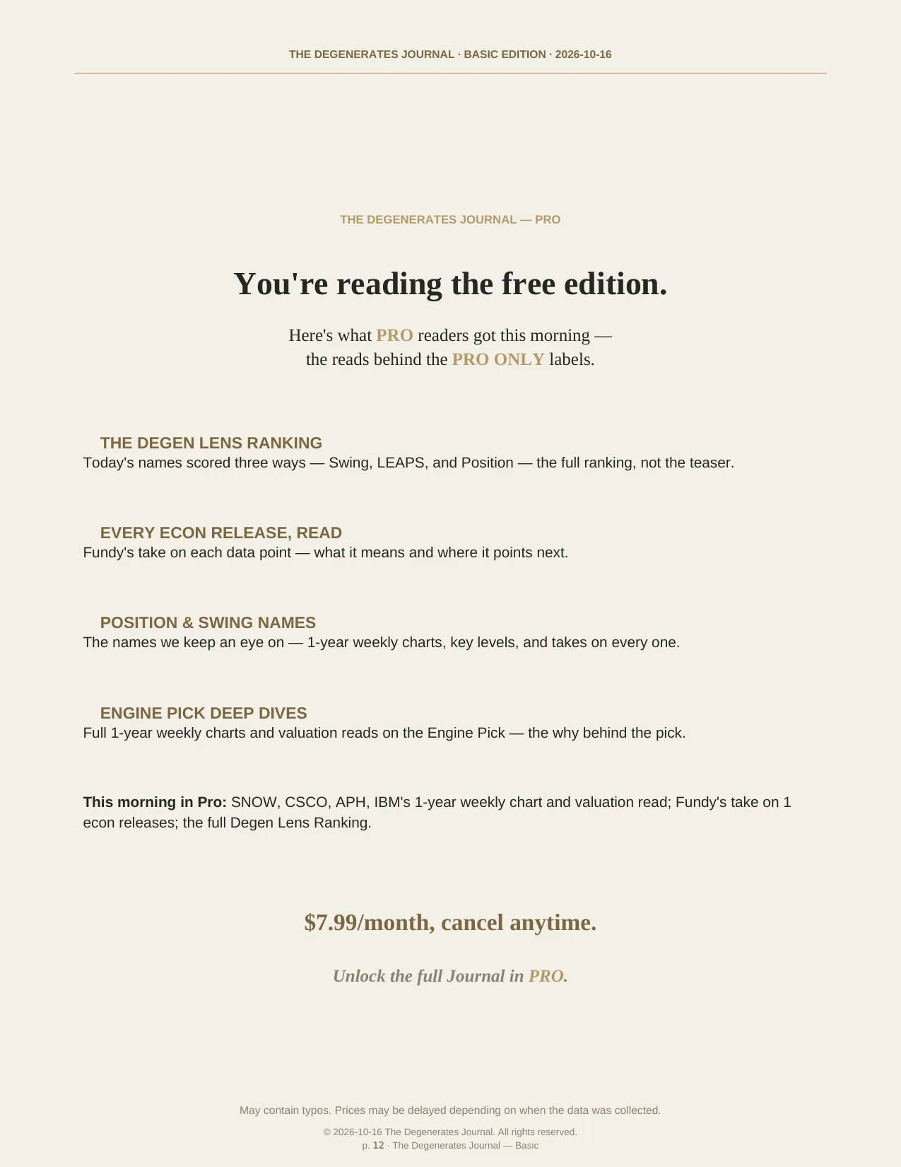 The Degenerates Journal, Morning Market Briefing, Basic edition, Friday, October 16, 2026, page 12 of 12: you’re reading the free edition: what Pro adds, $7.99/month.