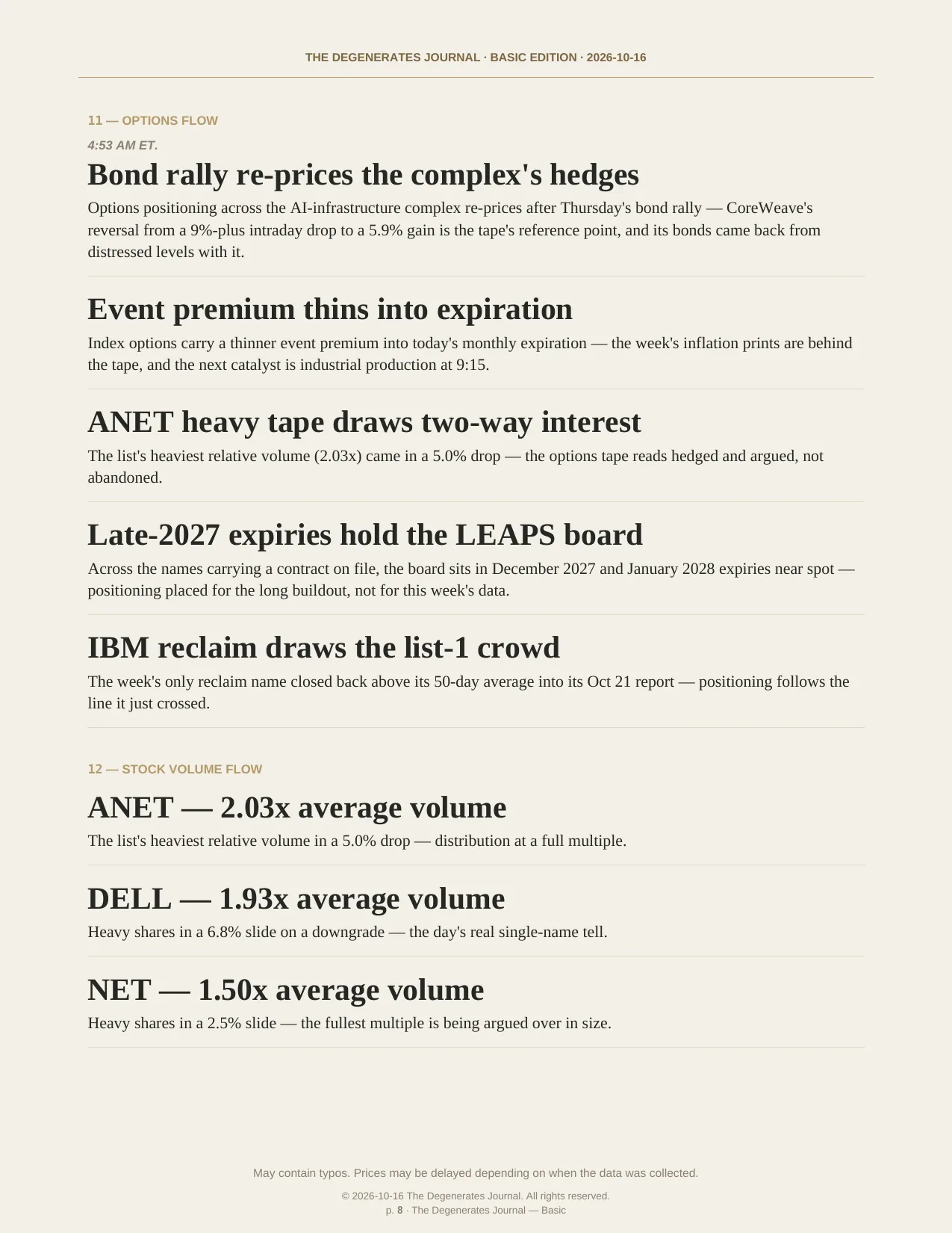 The Degenerates Journal, Morning Market Briefing, Basic edition, Friday, October 16, 2026, page 8 of 12: options flow.